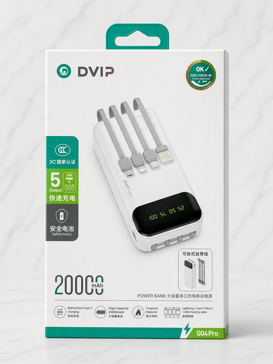DVIP 20000mAh Powerbank G04 Pro | Dahili Kablolu Çoklu Çıkışlı Hızlı Şarj Cihazı