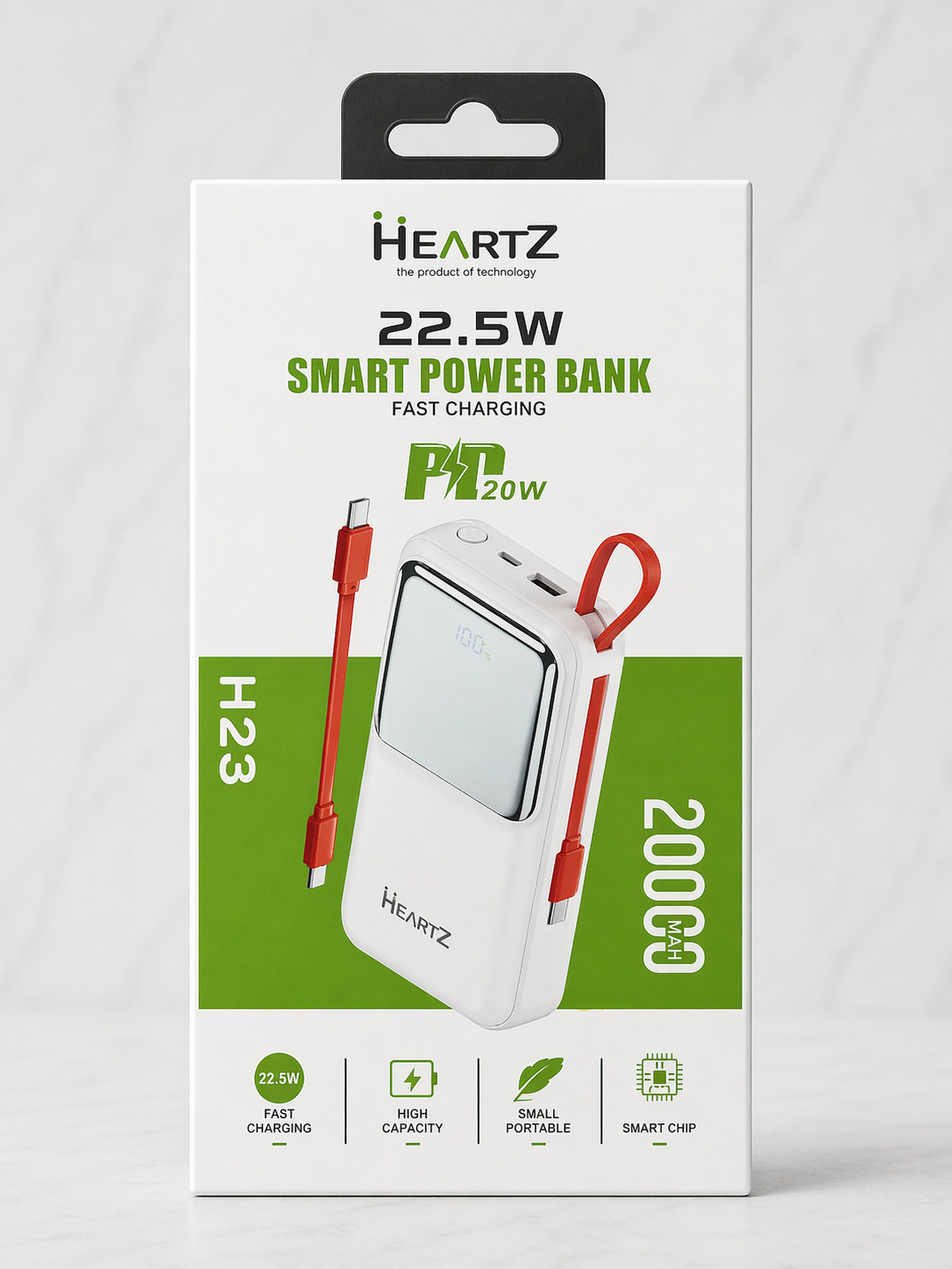 Heartz H23 20000mAh Powerbank 22.5W PD Hızlı Şarj | Dahili Kablolu Taşınabilir Şarj Cihazı