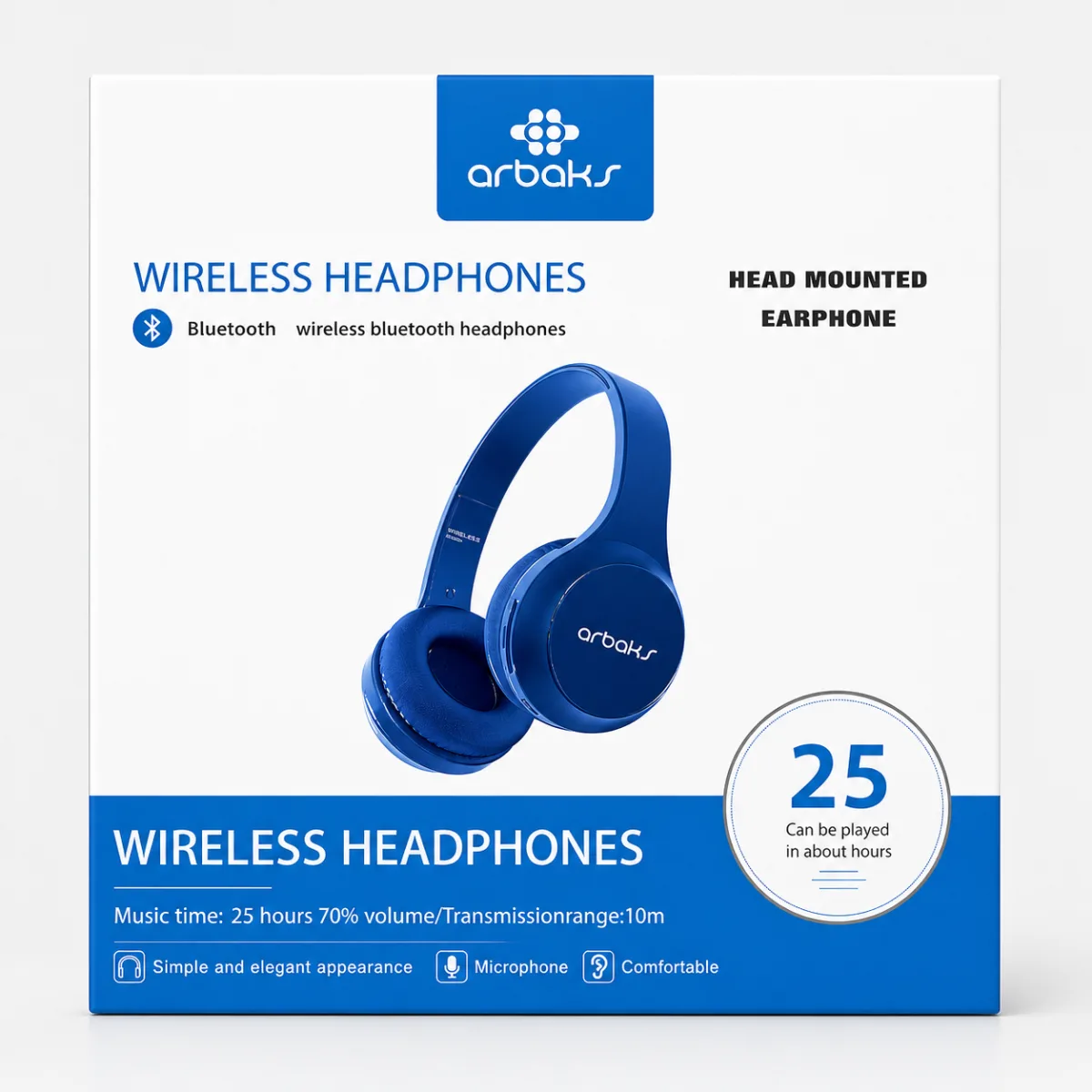 Arbaks Bluetooth Kablosuz Kulaklık | 25 Saat Müzik Süresi | Mikrofonlu Wireless Headphone